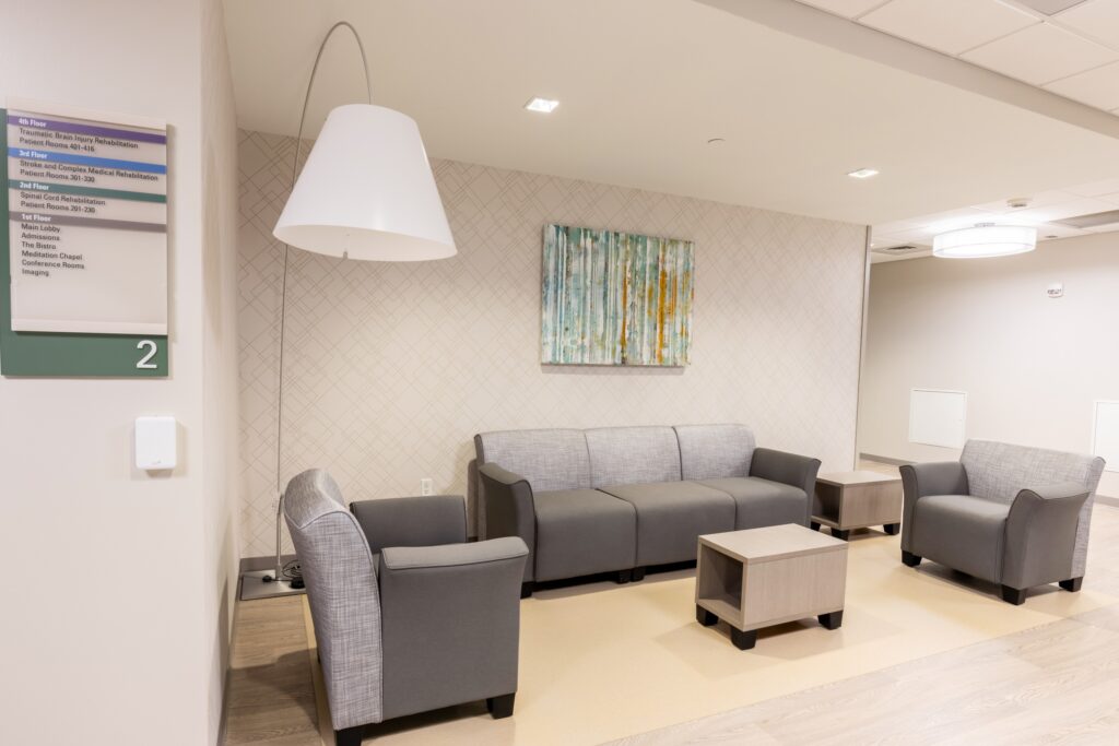 Visitor lounge for inpatient rehabilitation at Good Shepherd Rehabilitation Hospital