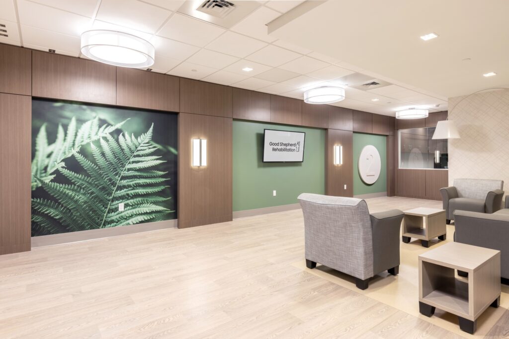 Visitors lounge for inpatient rehabilitation at Good Shepherd Rehabilitation Hospital