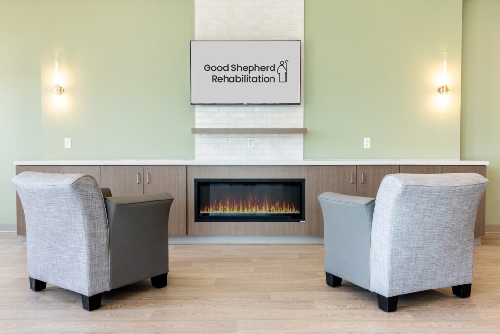 Lounge for inpatient rehabilitation at Good Shepherd Rehabilitation Hospital