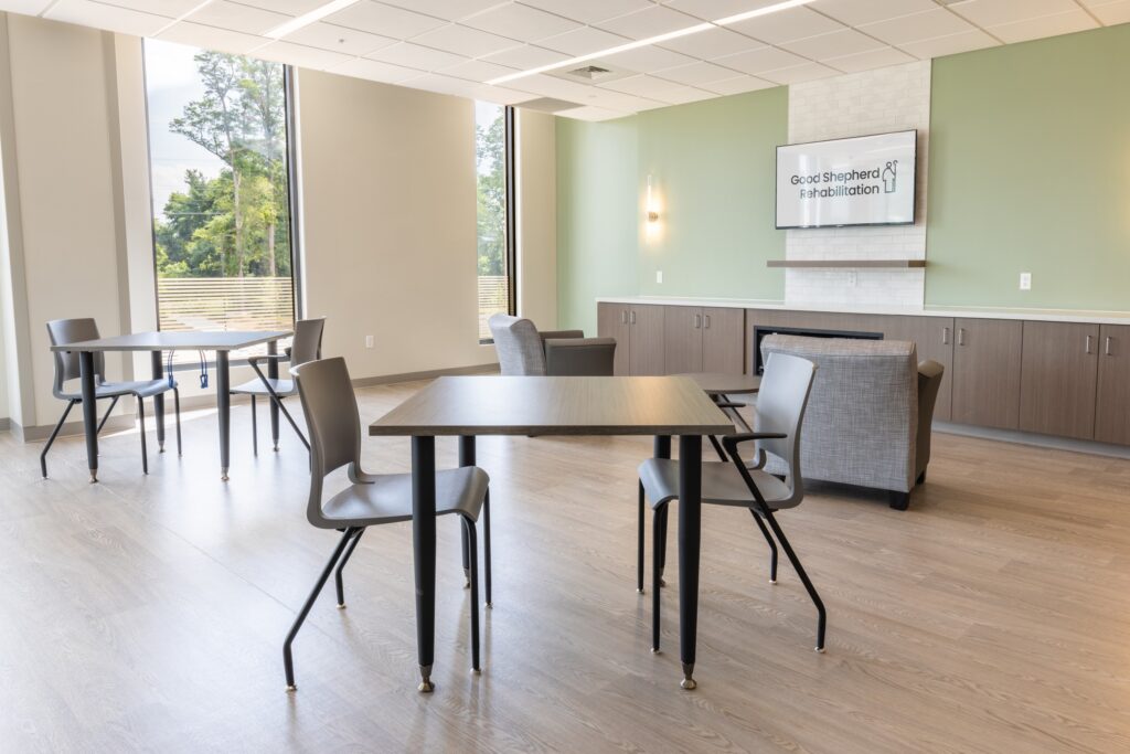 Lounge for inpatient rehabilitation at Good Shepherd Rehabilitation Hospital