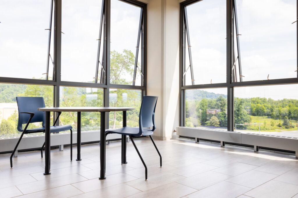 Lounge area at Good Shepherd Rehabilitation Hospital where the windows can open for fresh air