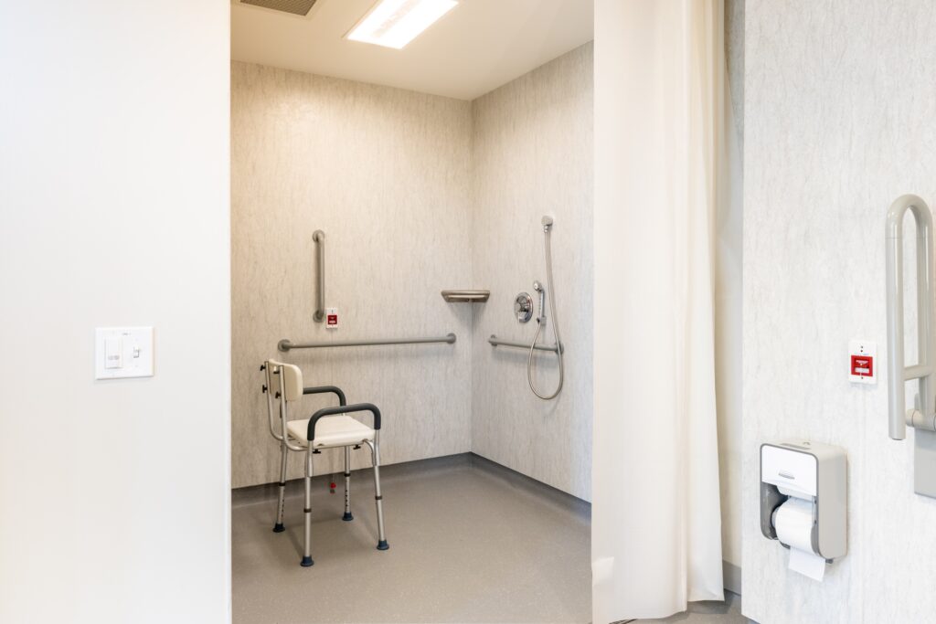 A private patient room bathroom at Good Shepherd Rehabilitation Hospital