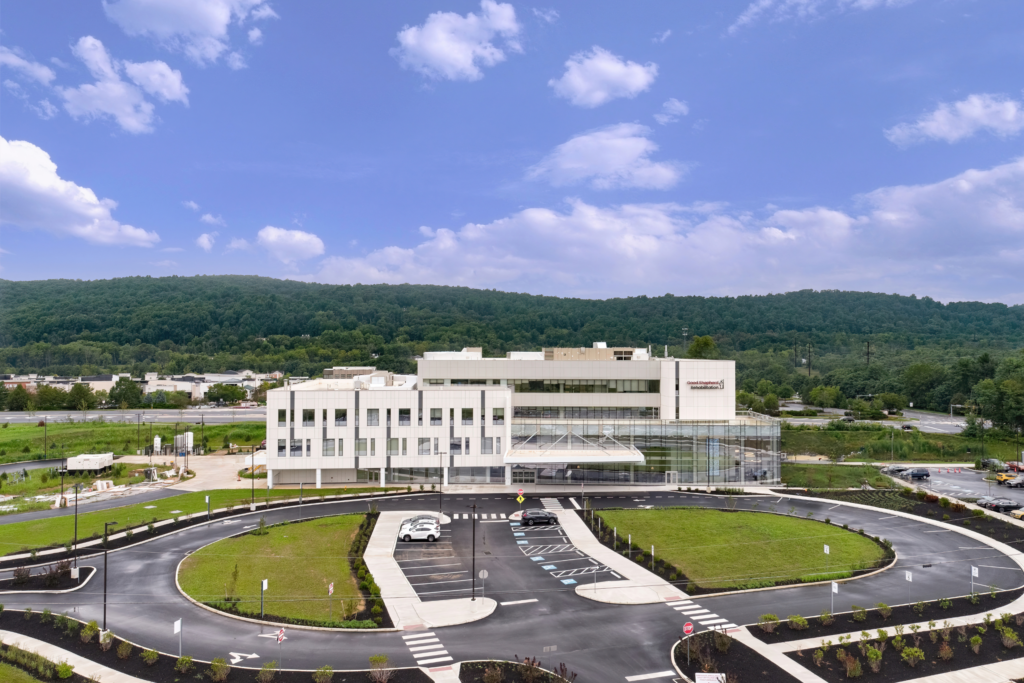 The exterior of Good Shepherd Rehabilitation Hospital, which provides inpatient rehabilitation care in Center Valley, Pa.